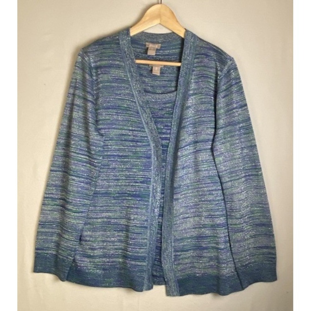 Chicos Two Piece Tank Cardigan SET Size 2 US 12 Blue Sparkle Lightweight Knit